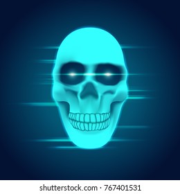 blue skull with bright eyes, scary head for Helloween decoration