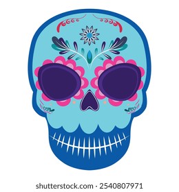 Blue skull with colorful floral decorations, symbolizing Dia de los Muertos, perfect for festive decor