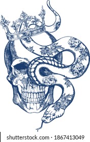 Blue skull in crown with flowers and snake in vintage style illustration