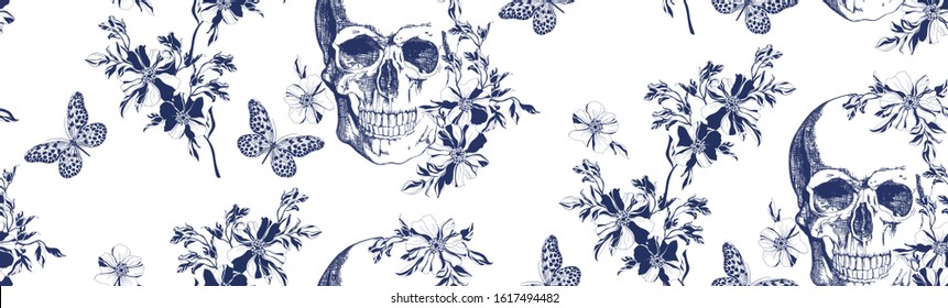 Blue skull and flower with butterfly on white background. Seamless pattern. Vector illustration