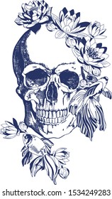 Blue Skull and flower with goldfish on white background. Vector illustration fot t shirt, print and stickers