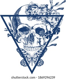 Blue skull with flowers and butterfly on inverted triangle in vintage style illustration