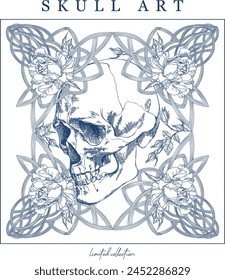 Blue skull with flowers vintage style illustration	
