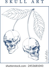 Blue skull with flowers vintage style illustration