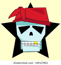 Blue skull with gold teeth, big star black as the background color.