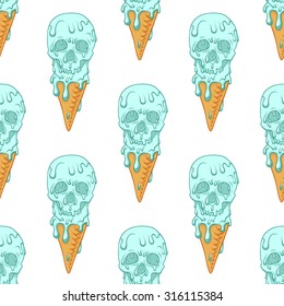 Blue skull - ice cream.Seamless pattern background.White background.