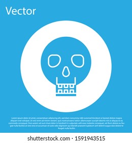 Blue Skull icon isolated on blue background. Happy Halloween party. White circle button. Vector Illustration