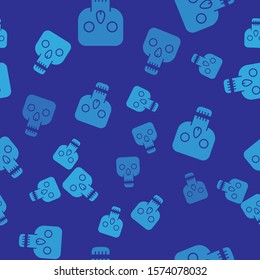 Blue Skull icon isolated seamless pattern on blue background. Happy Halloween party.  Vector Illustration