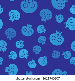 Blue Skull icon isolated seamless pattern on blue background.  Vector Illustration