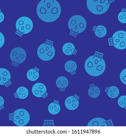 Blue Skull icon isolated seamless pattern on blue background. Happy Halloween party.  Vector Illustration