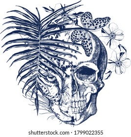 Blue skull and leopard face, palm leaf, butterfly and flowers in vintage style illustration