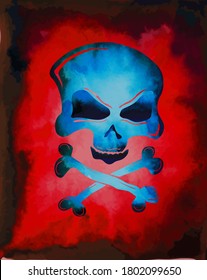 Blue skull on a red background. Vector illustration