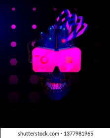 Blue Skull  with pink glasses of virtual reality with mechanical devices on the face with neon light in the style of cyberpunk