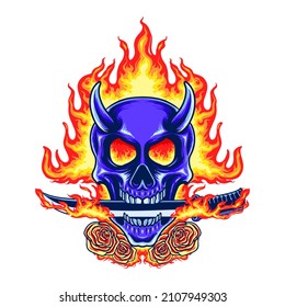 Blue Skull Rose Hellfire Vector Illustration T shirt design