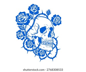 Blue skull, roses, thorns, gothic art, tattoo design, floral skeleton, vintage print, apparel graphic, memento mori, isolated