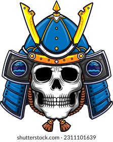 Blue Skull Samurai warrior mask. Traditional armor of japanese warrior of illustration