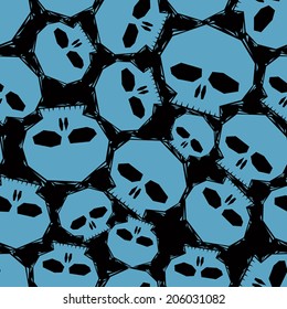 Blue skulls over black background seamless pattern, geometric contemporary style repeating vector background, best for use as web backgrounds and wallpapers.