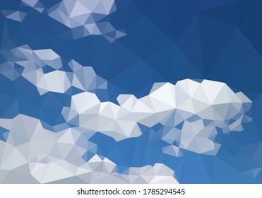 Blue sky above low polygon flat white cloud, troposphere daylight plain horizon line background, space air on Earth atmosphere vector polygonal wallpaper. Cloudy cyan canopy view 3D geometric scene.