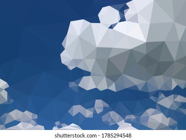 Blue sky above low polygon flat white cloud, troposphere daylight plain horizon line background, space air on Earth atmosphere vector polygonal wallpaper. Cloudy cyan canopy view 3D geometric scene.