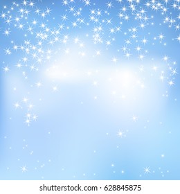 Blue sky abstract background with clouds and stars. Magical New Year, Christmas event style background.