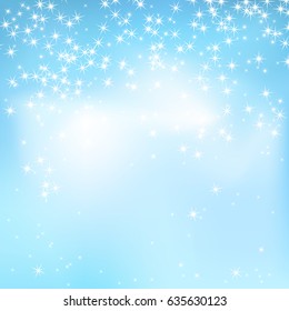 Blue sky abstract background with soft clouds and stars. Magical New Year, Christmas event style background