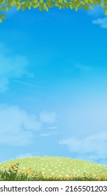 Blue sky with altostratus clouds and green leaves,Vector Cartoon sky with cirrus clouds and rural grass field landscape,Vertical banner backdrop  for spring and summer background
