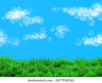 blue sky art work with green grass and cloud to show up clearly sunny wheater. blue sky grass vector can used for product background or wallpaper to show up your product is always fresh, cool, natural