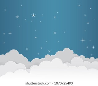 Blue sky background with 3D paper clouds and a place for the text.