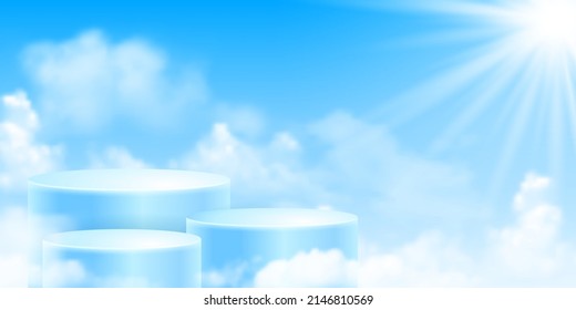 Blauer Himmelshintergrund mit einem 3D-Produkt-Podiums unter Wolken unter den Sonnenliegen. Vektorgrafik.