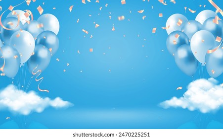 Blue sky background with balloons, confetti and ribbons. Vector illustration.