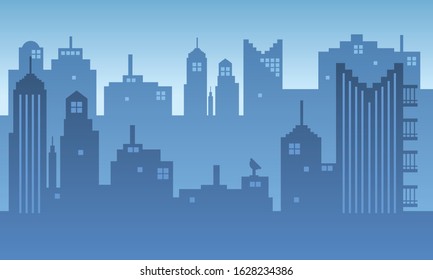 Blue sky background with buildings and rooftops of a city silhouette