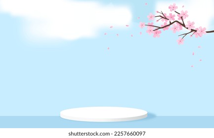 Blue sky background with cloud, white stand, podium pedestal and Cherry blossom Sakura flower branch vector illustration. 