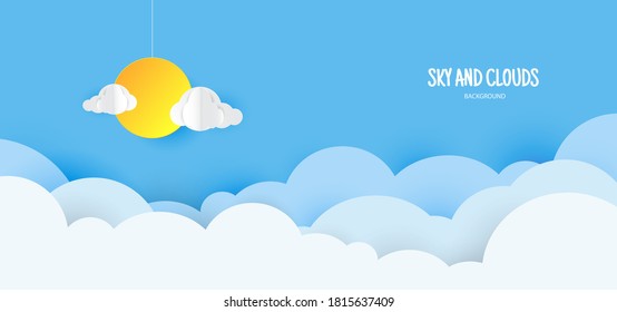 Blue sky background with clouds in paper cut style.