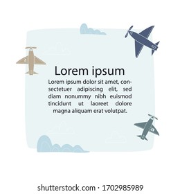Blue sky background with clouds and planes template. Flat vector isolated illustration.