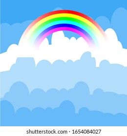 Blue sky background with clouds and rainbow. vector eps 10