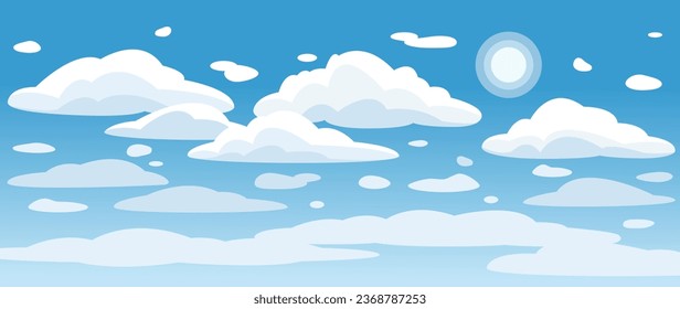 Blue sky background with clouds. Vector illustration for cover, banner, poster, web and packaging.