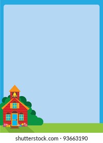 A blue sky background, with a colorful school house set in the lower left corner, on a patch of green grass and foliage.