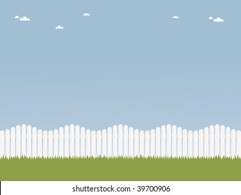 Blue Sky Background With Decorative Picket Fence And Grass