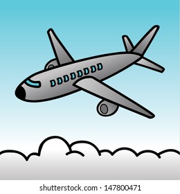 Blue sky background with flying plane, above the clouds, flaying and traveling concept, vector illustration