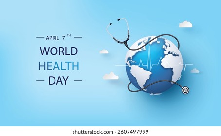 Blue sky background with globe and stethoscope in paper cut style. Symbolizes healthcare and world wellness.