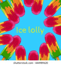 Blue sky background with multicolored ice lolly with strawberry, mint and banana taste