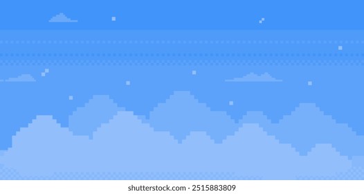 Fundo do céu azul em pixel art. Nuvens. Padrão abstrato do jogo. O humor da estética dos anos 90. Ilustração de vetor de estilo retro de 8 bits. Forma geométrica simples. Banner azul pastel colorido do vetor horizontal