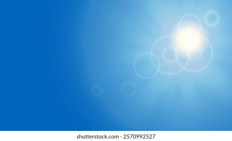 Blue sky background with rays of light. Summer bright vector sunny cloud gradient. Skyline abstract shine sunlight flare. Day heaven cloud burst. Spring glow cloudy weather. Sunrise religious effect