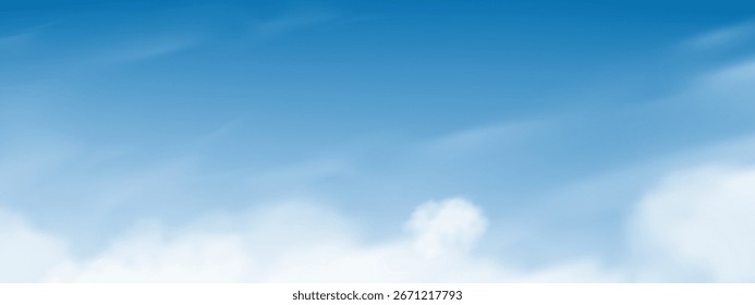 Fondo azul del cielo con las nubes blancas suaves, luz natural sobre la playa del mar. Plantilla abstracta del Anuncio del verano del diseño del horizonte, naturaleza del paisaje del Vector para la presentación del negocio con estilo fresco limpio