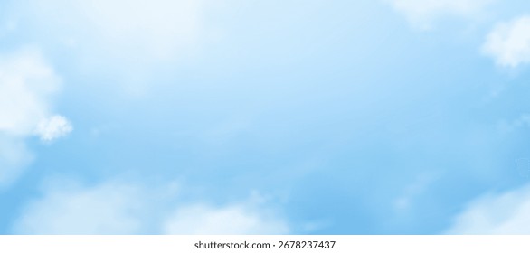 Fondo azul del cielo con las nubes blancas suaves, luz natural sobre la playa del mar. Plantilla abstracta del Anuncio del verano del diseño del horizonte, naturaleza del paisaje del Vector para la presentación del negocio con estilo fresco limpio