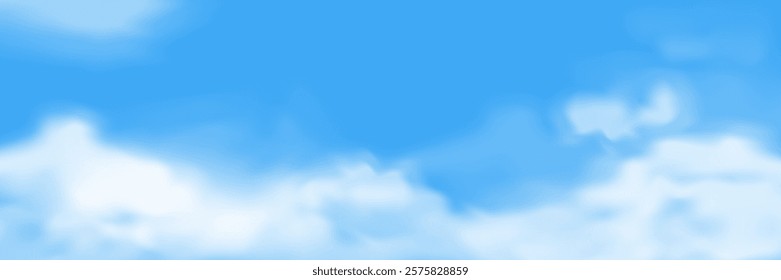 Blue sky background template. Realistic white clouds vector design. Cloudscape daylight