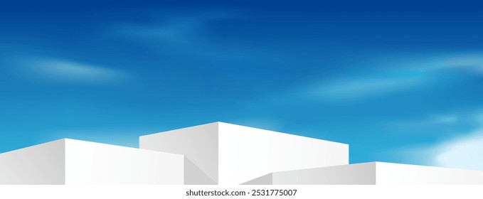 Fundo do céu azul com três passos pódio para vitrine do produto. Cena horizontal minimalista com pódio para apresentação do produto, banner, site. Céu, nuvens e plataforma branca no fundo vetorial.