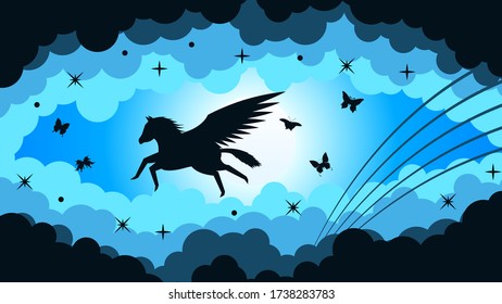 Blue Sky Background Vector Silhouette With Clouds And Pegasus Animal Magic