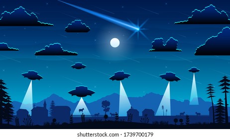 Blue Sky Background Vector Silhouette With Ufo Landscape Invasion