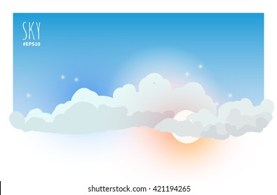 Blue Sky Background With Watercolor Painting Cloud, Moon, Dot Stars. Drawn Nature Design For Invitation, Banner, Greeting Card, Fabric.